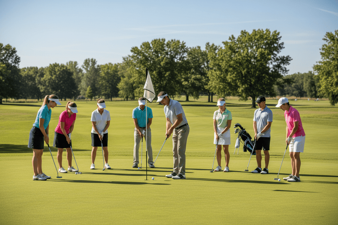 Men & Women beginner golfers with clubs on a golf course - Black Girl Golf