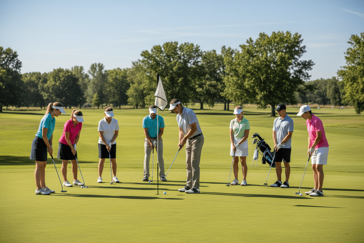 Men & Women beginner golfers with clubs on a golf course - Black Girl Golf