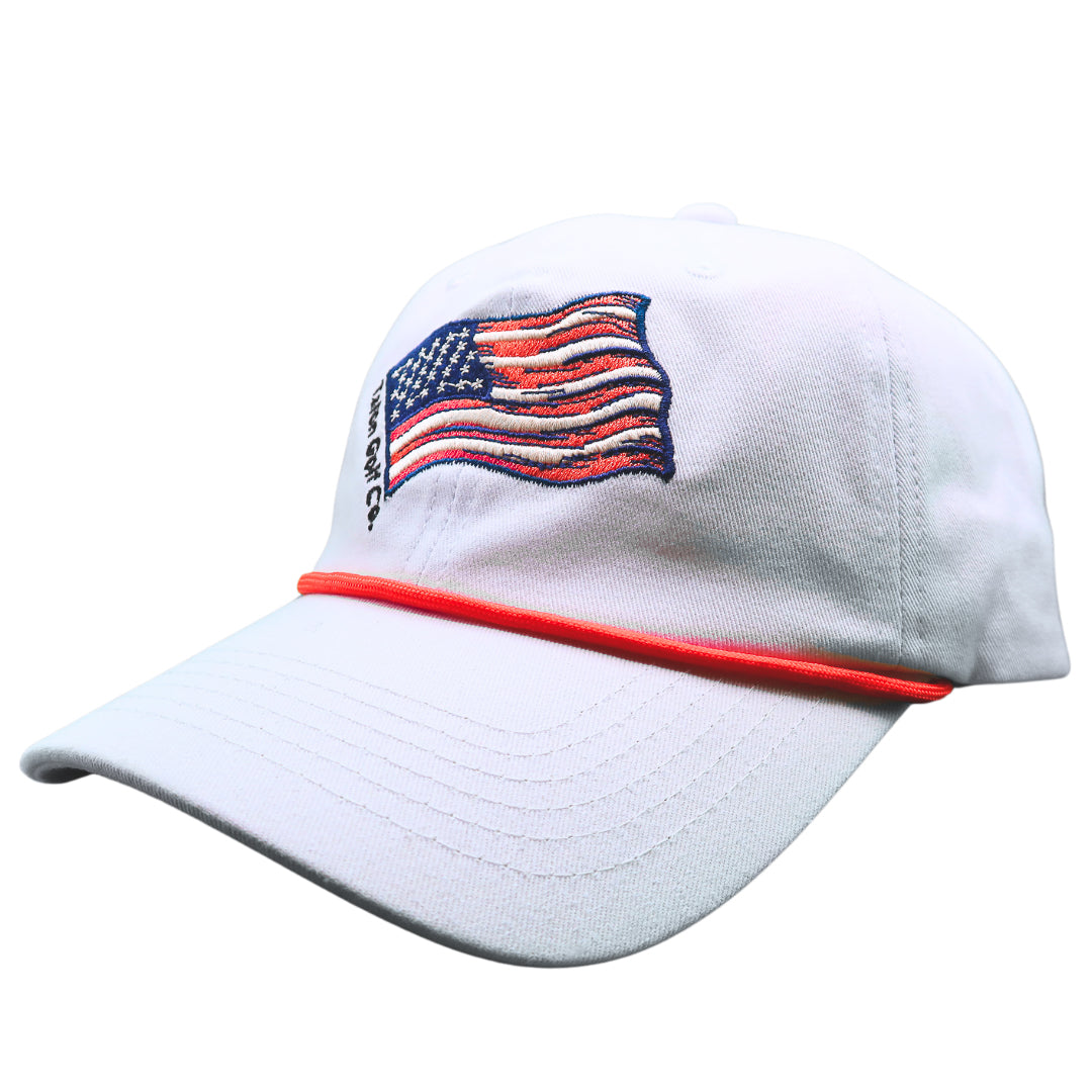 Gorra de béisbol con bandera estadounidense y cuerda roja 