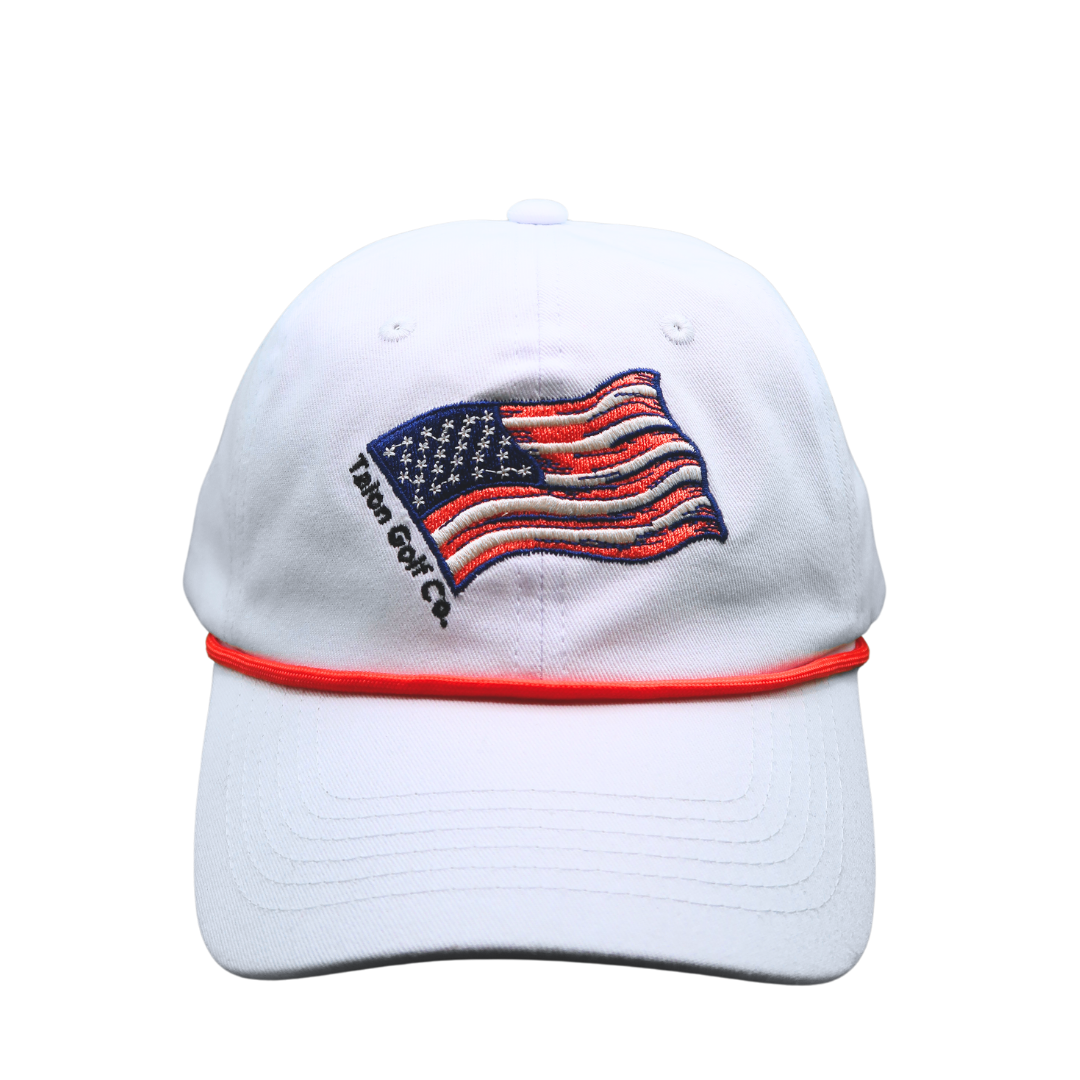 Gorra de béisbol con bandera estadounidense y cuerda roja 