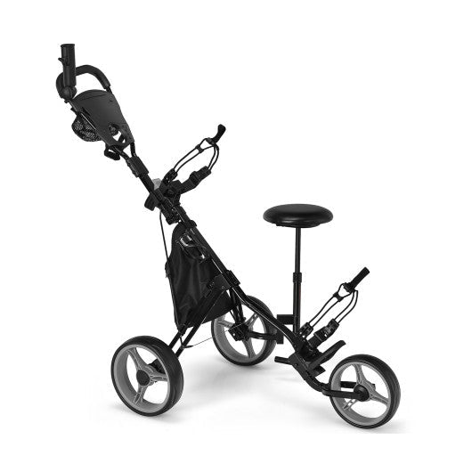 3 Wheels Folding Golf Push Cart with Seat Scoreboard and Adjustable Handle-Gray - Black Girl Golf