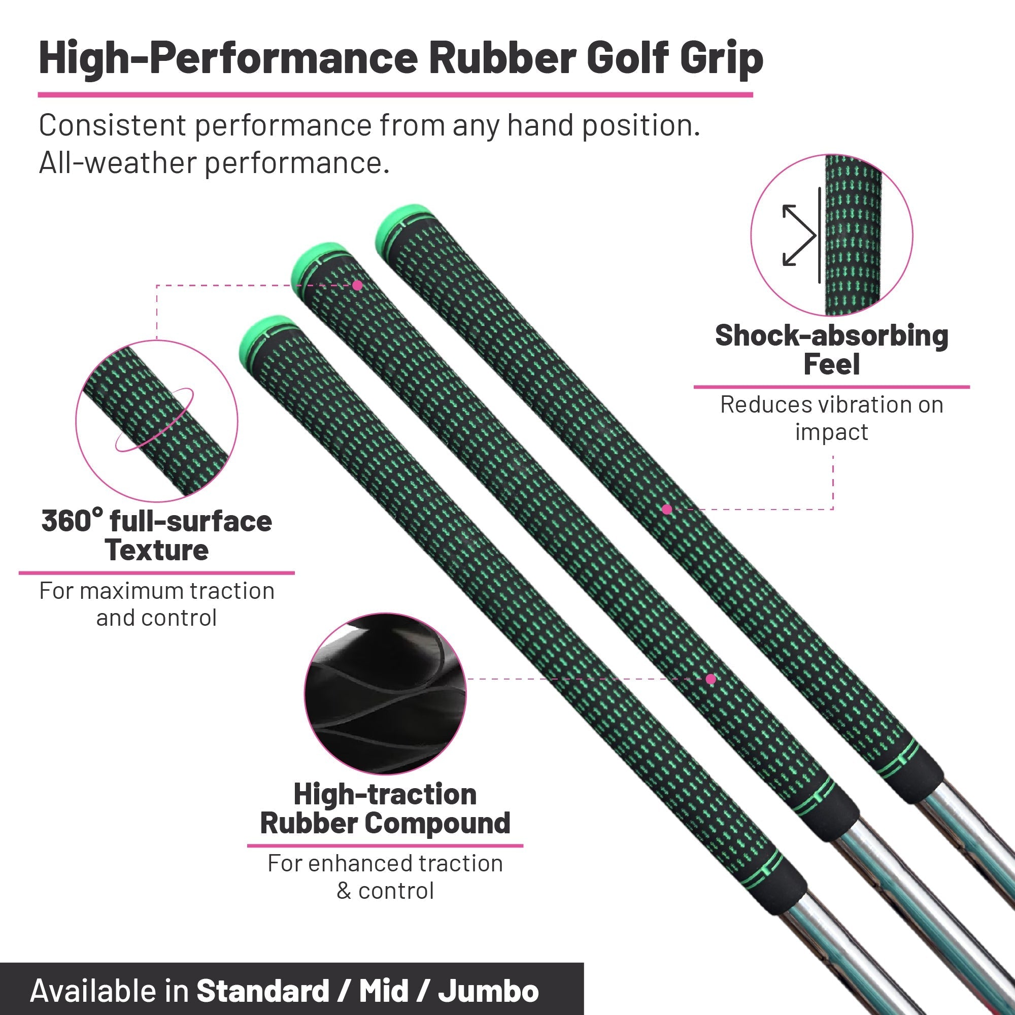 360 Golf Grips | 3 Pack Black/Green | Standard, Mid, Jumbo | High - Traction Rubber Grip - Black Girl Golf