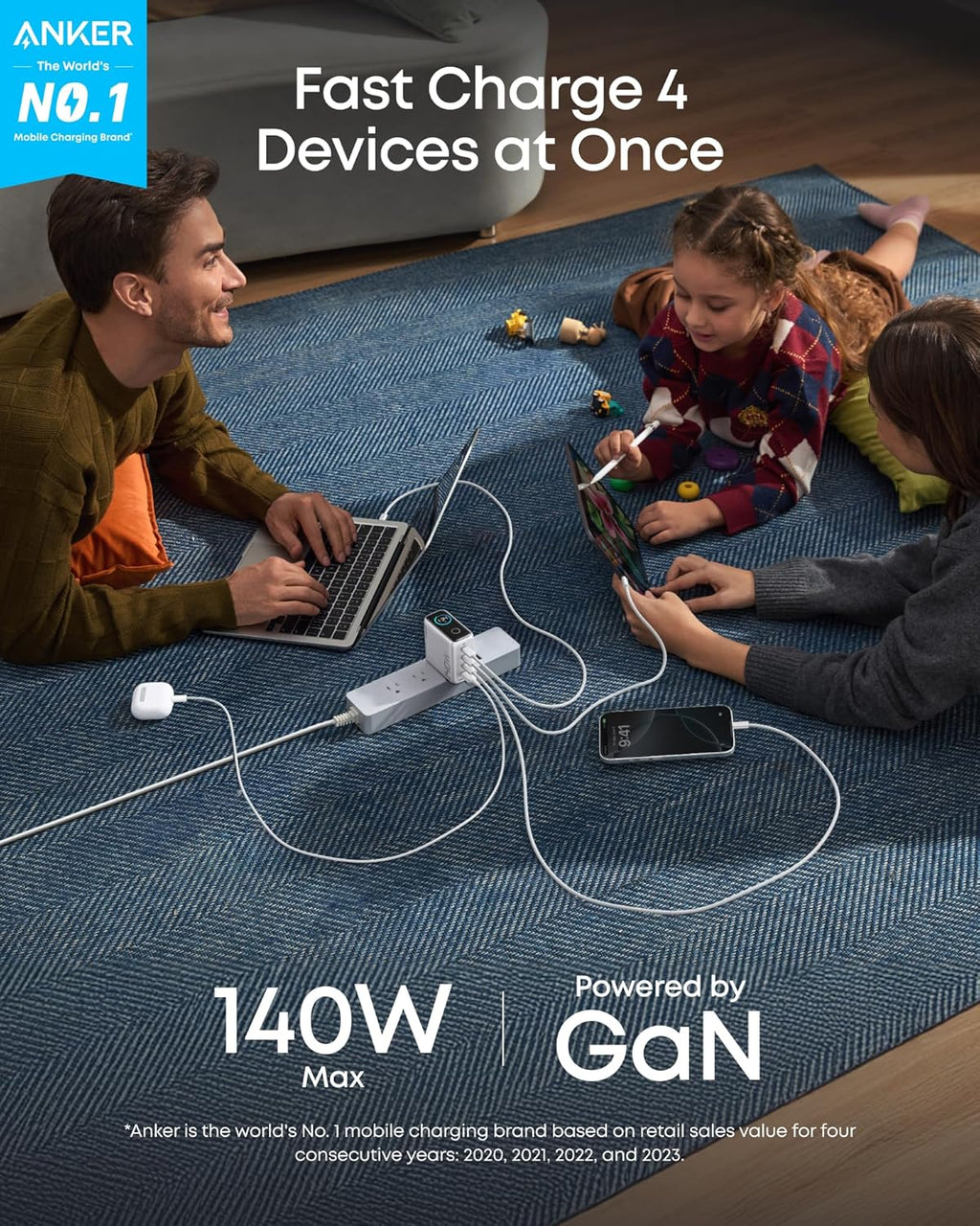 Cargador Anker (140 W, 4 puertos, PD 3.1) con cable USB-C 
