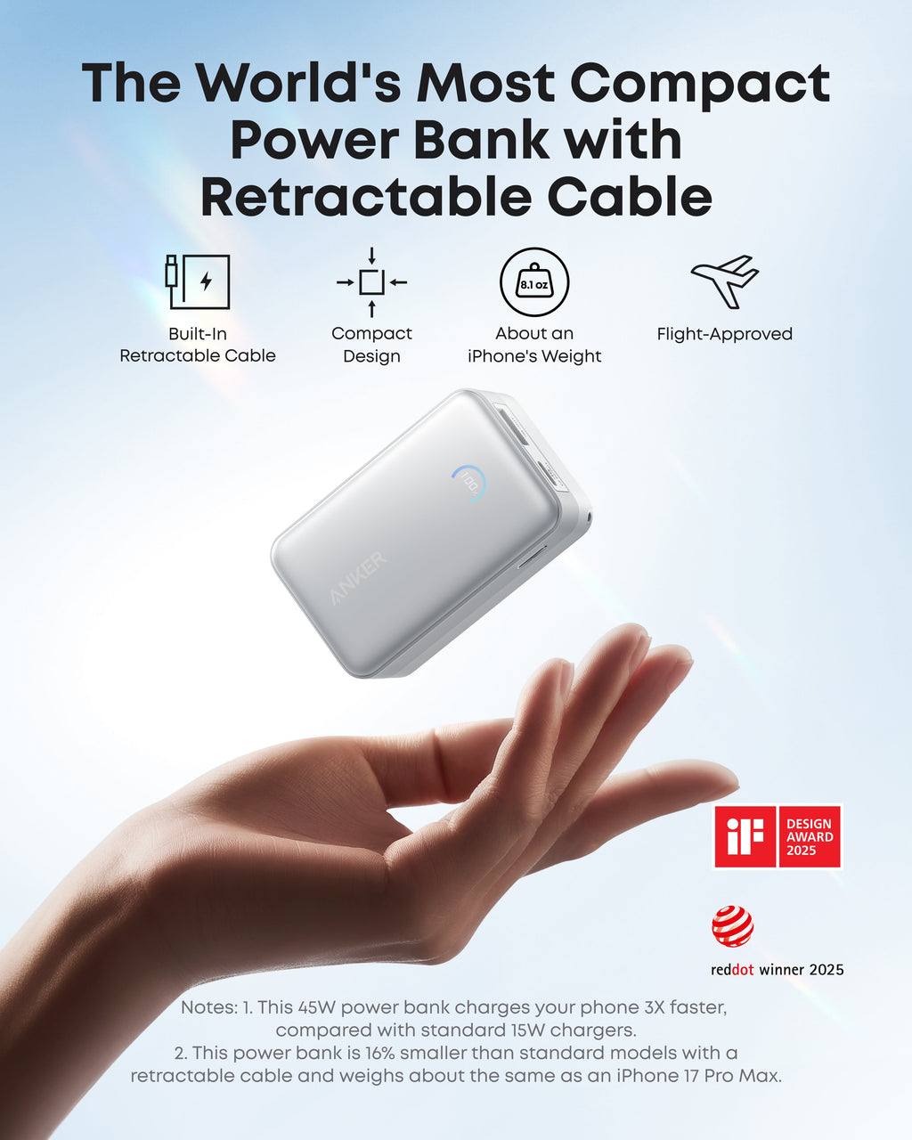 Banco de energía Anker Nano (10 000 mAh, 45 W, cable USB-C retráctil integrado) 
