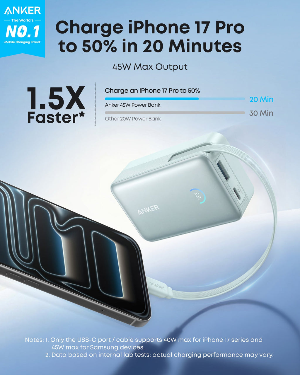 Banco de energía Anker Nano (10 000 mAh, 45 W, cable USB-C retráctil integrado) 