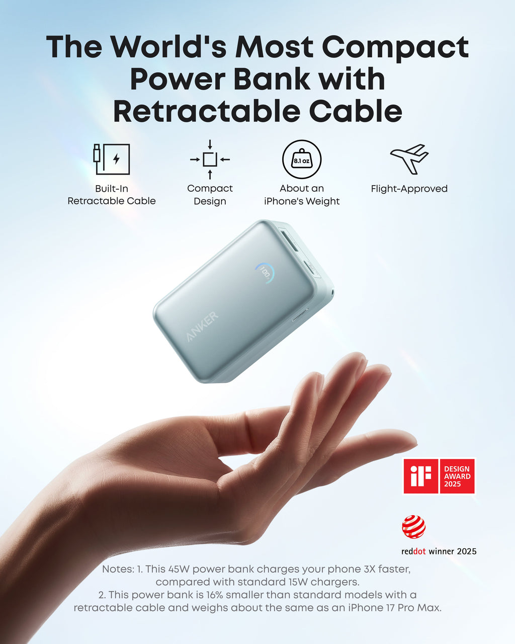 Banco de energía Anker Nano (10 000 mAh, 45 W, cable USB-C retráctil integrado) 