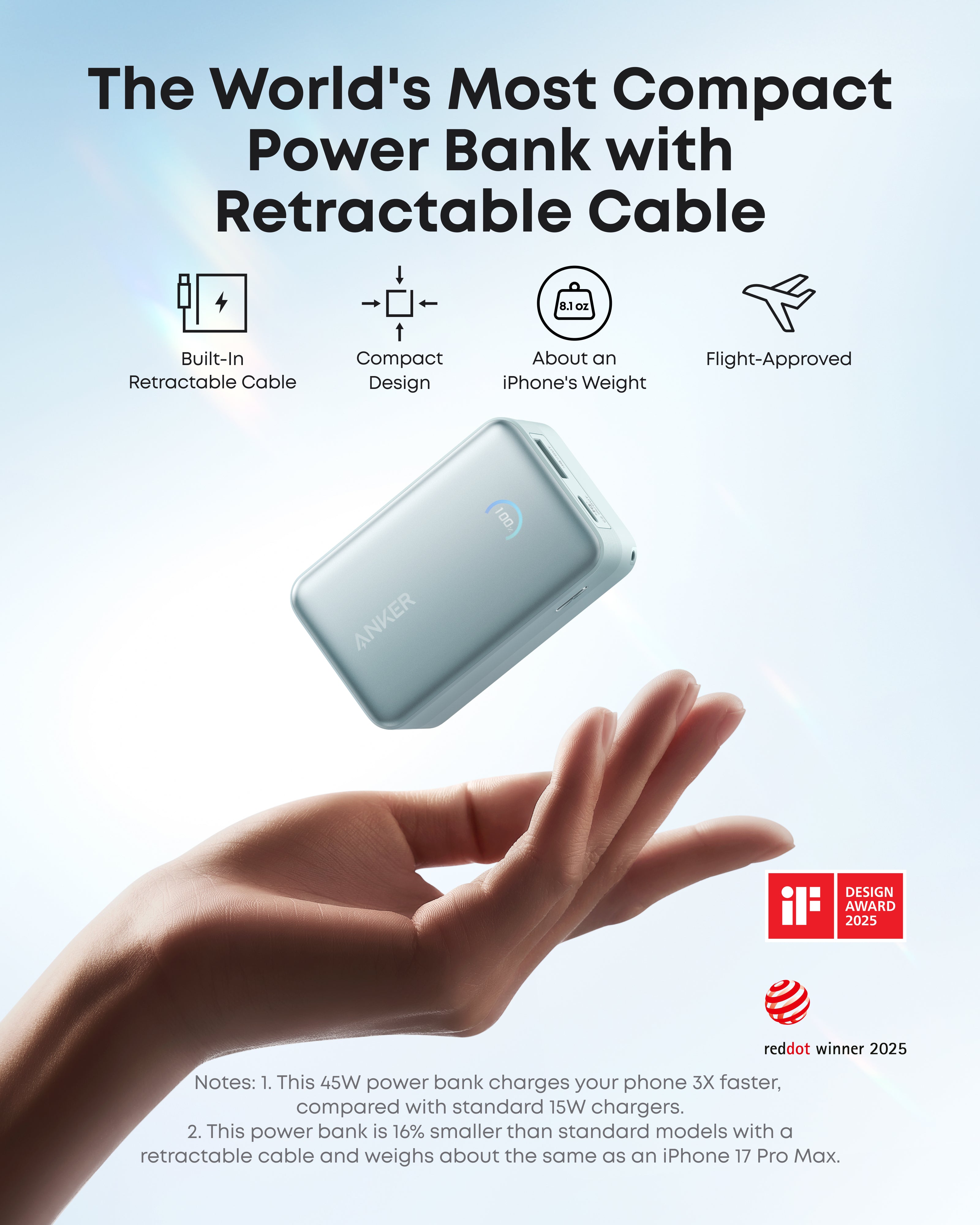 Banco de energía Anker Nano (10 000 mAh, 45 W, cable USB-C retráctil integrado) 