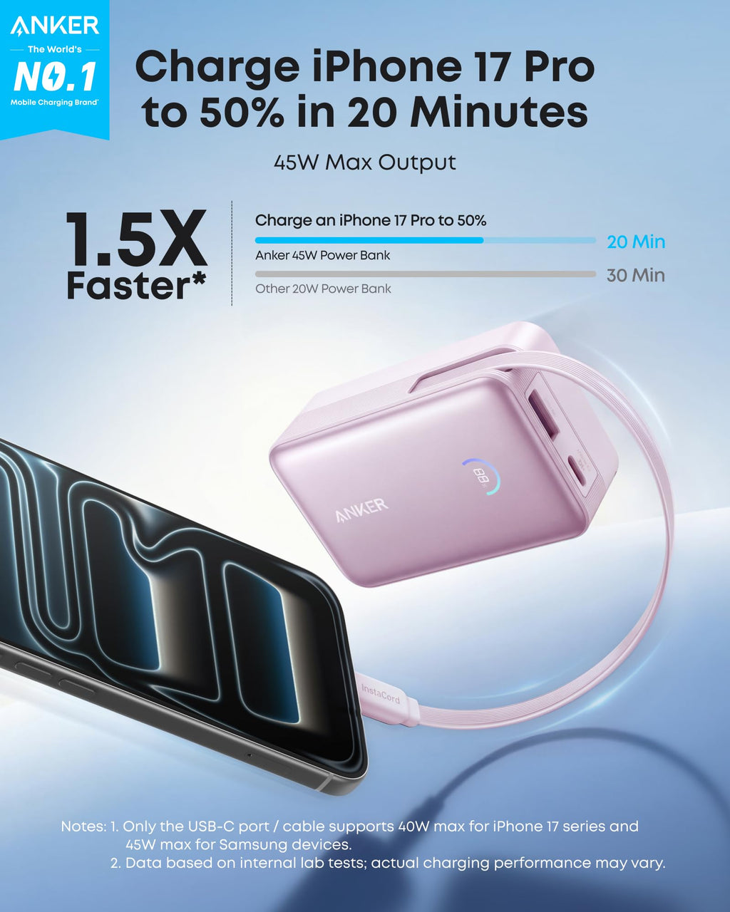 Banco de energía Anker Nano (10 000 mAh, 45 W, cable USB-C retráctil integrado) 
