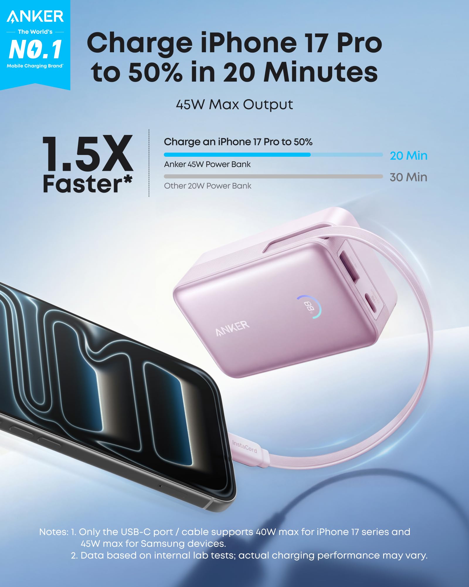 Banco de energía Anker Nano (10 000 mAh, 45 W, cable USB-C retráctil integrado) 