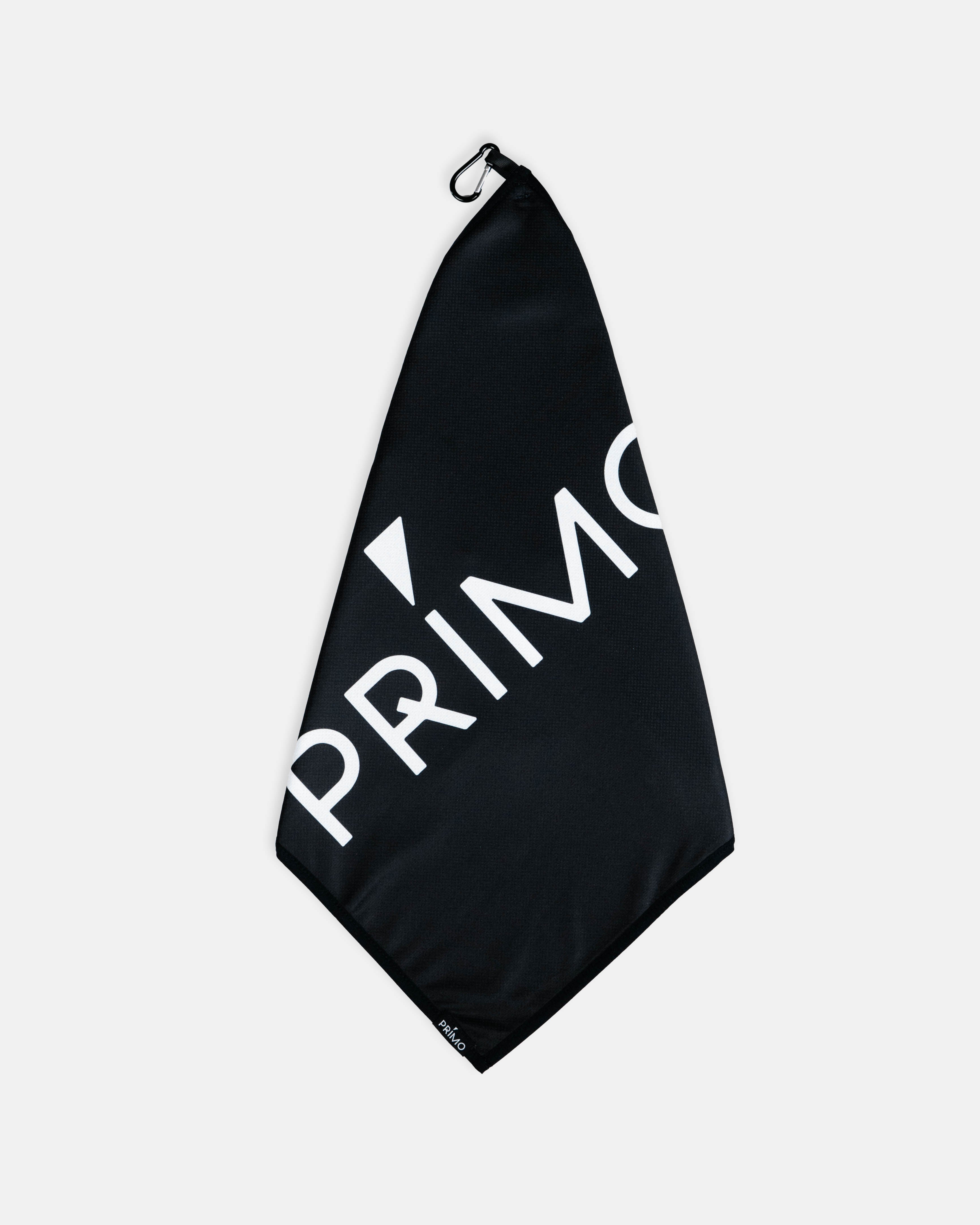 Primo Black Wordmark Towel hanging with carabiner clip