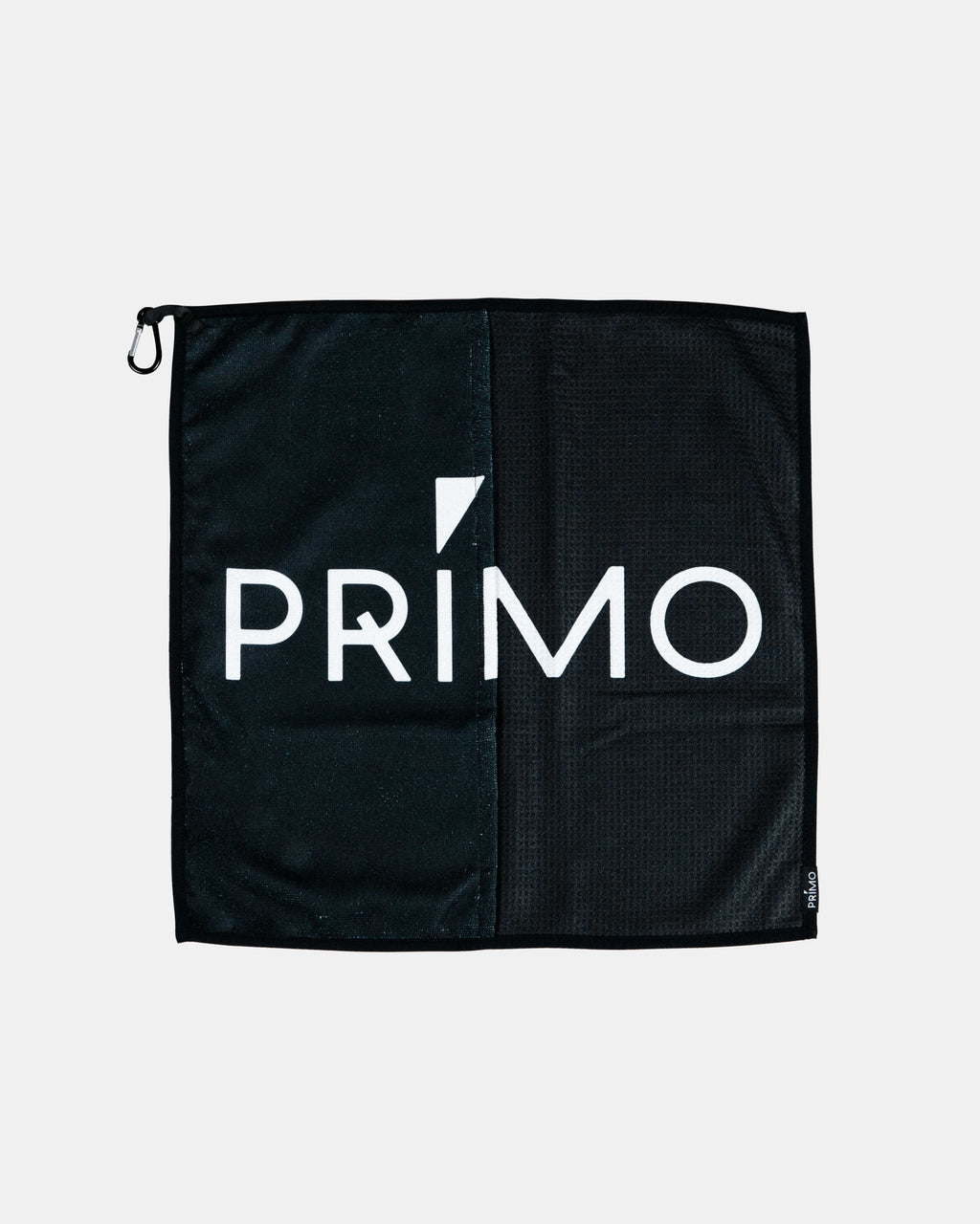 Primo Black Towel flat lay showing full wordmark