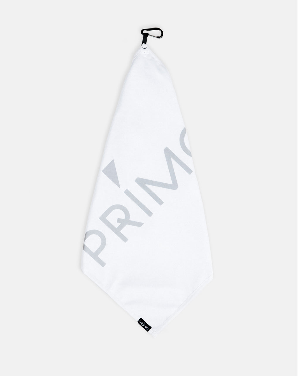 Primo White Wordmark Towel hanging with carabiner clip