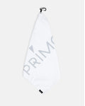 Primo White Wordmark Towel hanging with carabiner clip
