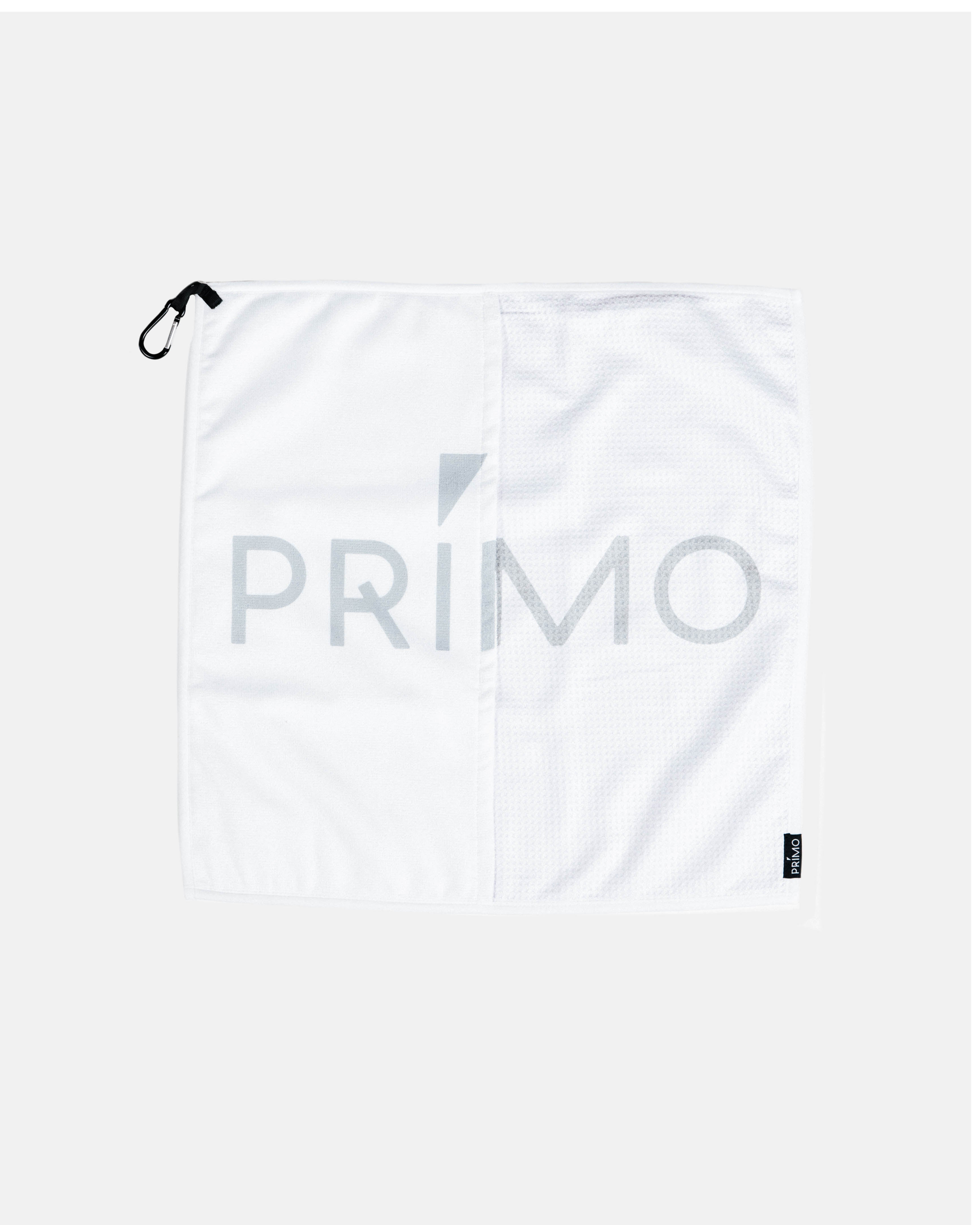Primo White Towel flat lay showing full wordmark