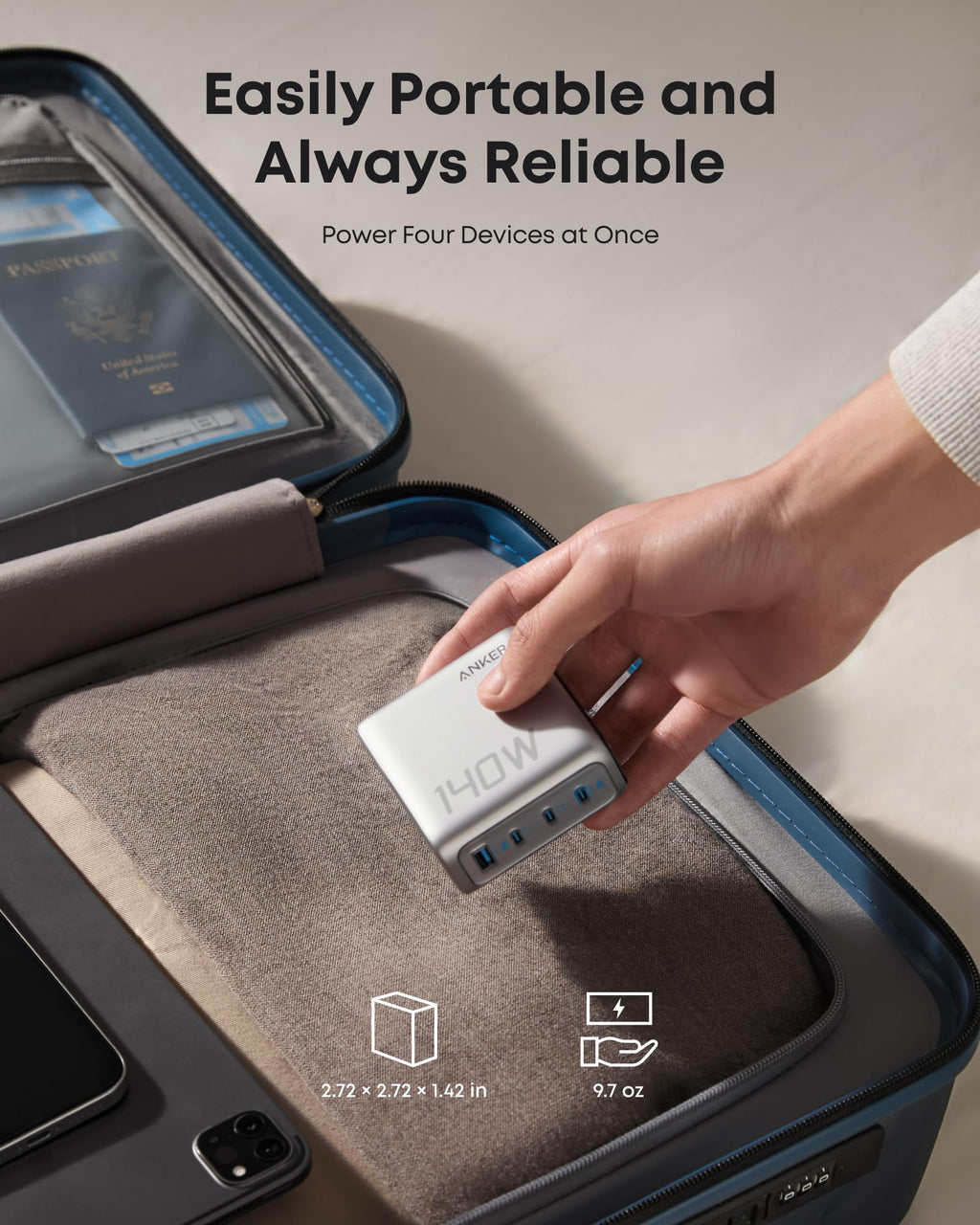 Cargador Anker (140 W, 4 puertos, PD 3.1) con cable USB-C 
