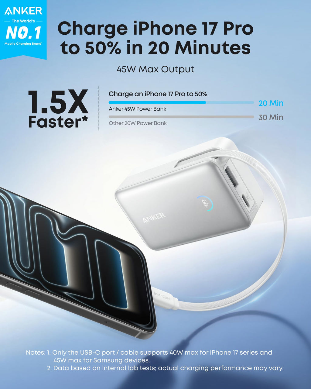 Banco de energía Anker Nano (10 000 mAh, 45 W, cable USB-C retráctil integrado) 