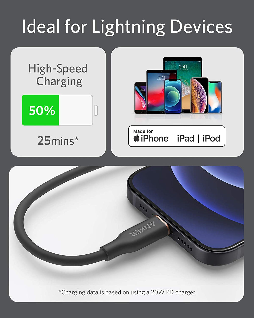 Anker <b>641</b> USB - C to Lightning Cable (Flow, 3 ft Silicone) - Black Girl Golf