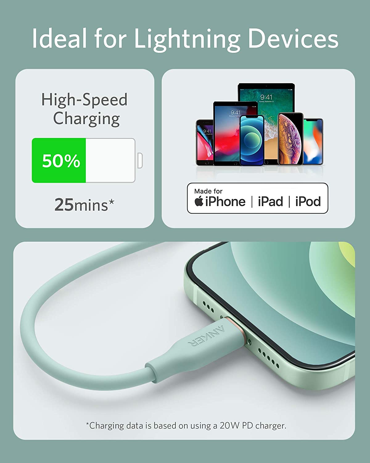 Anker <b>641</b> USB - C to Lightning Cable (Flow, 3 ft Silicone) - Black Girl Golf
