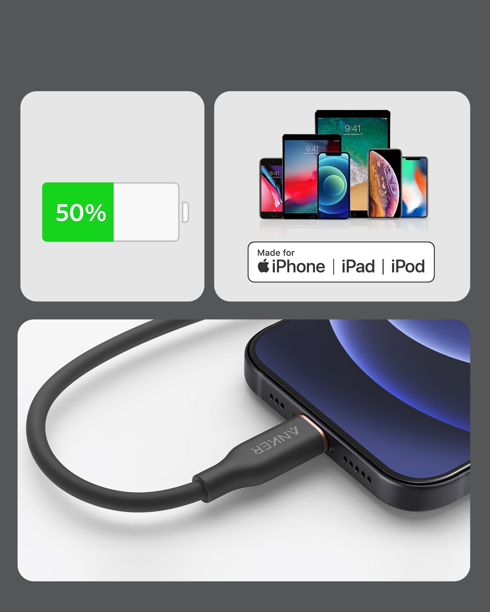 Anker <b>641</b> USB - C to Lightning Cable (Flow, 3 ft Silicone) - Black Girl Golf