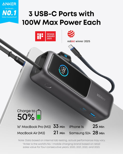 Anker Laptop Power Bank (25K, 165W, Built - In and Retractable Cables) - Black Girl Golf