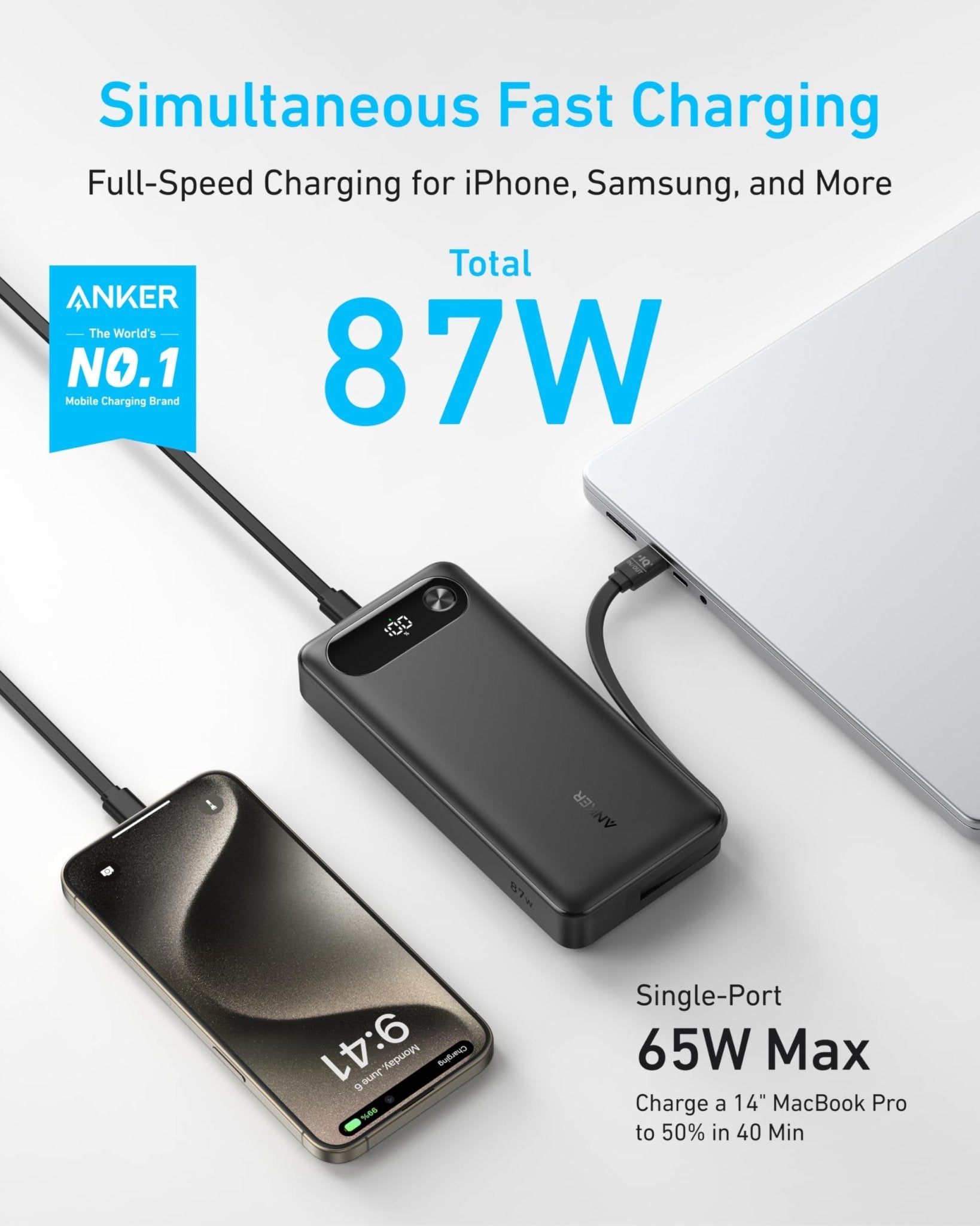 Anker Power Bank (20K, 87W, Built - In USB - C Cable) - Black Girl Golf