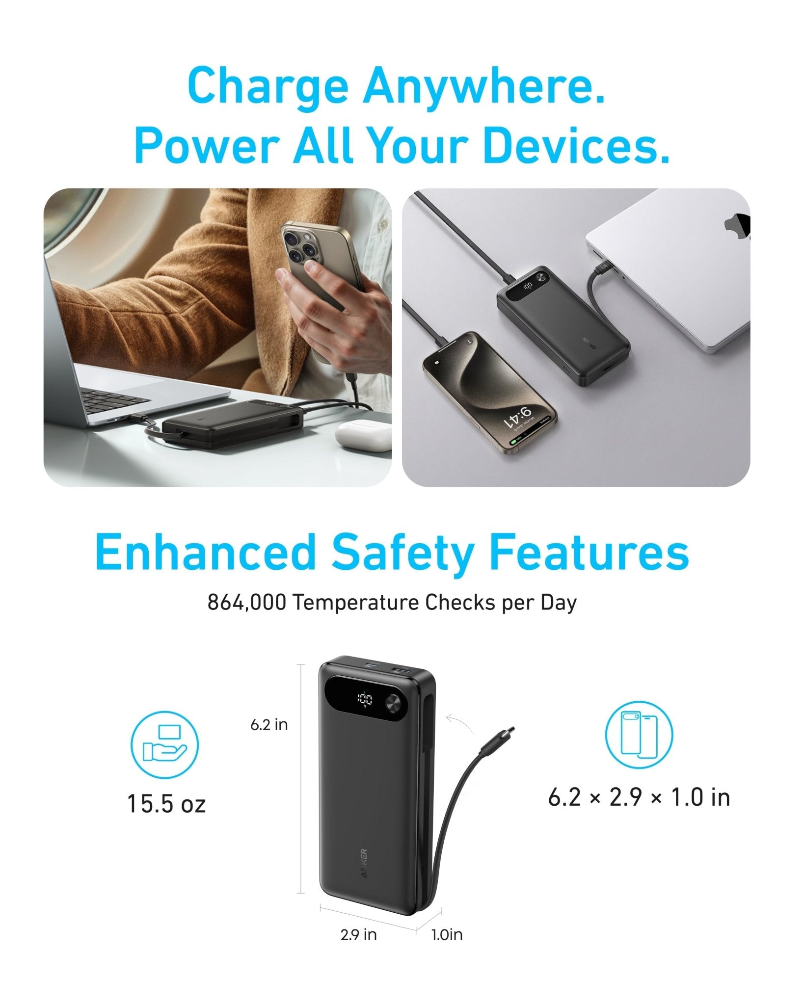 Anker Power Bank (20K, 87W, Built-In USB-C Cable) - Black Girl Golf