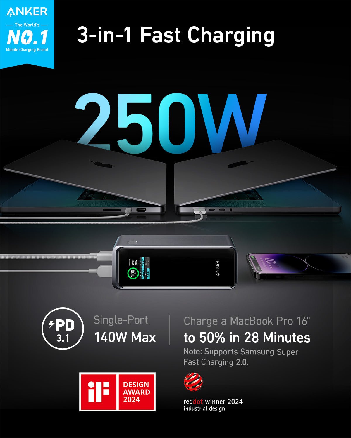Anker Prime 27,650mAh Power Bank (250W) and 100W Charging Base - Black Girl Golf