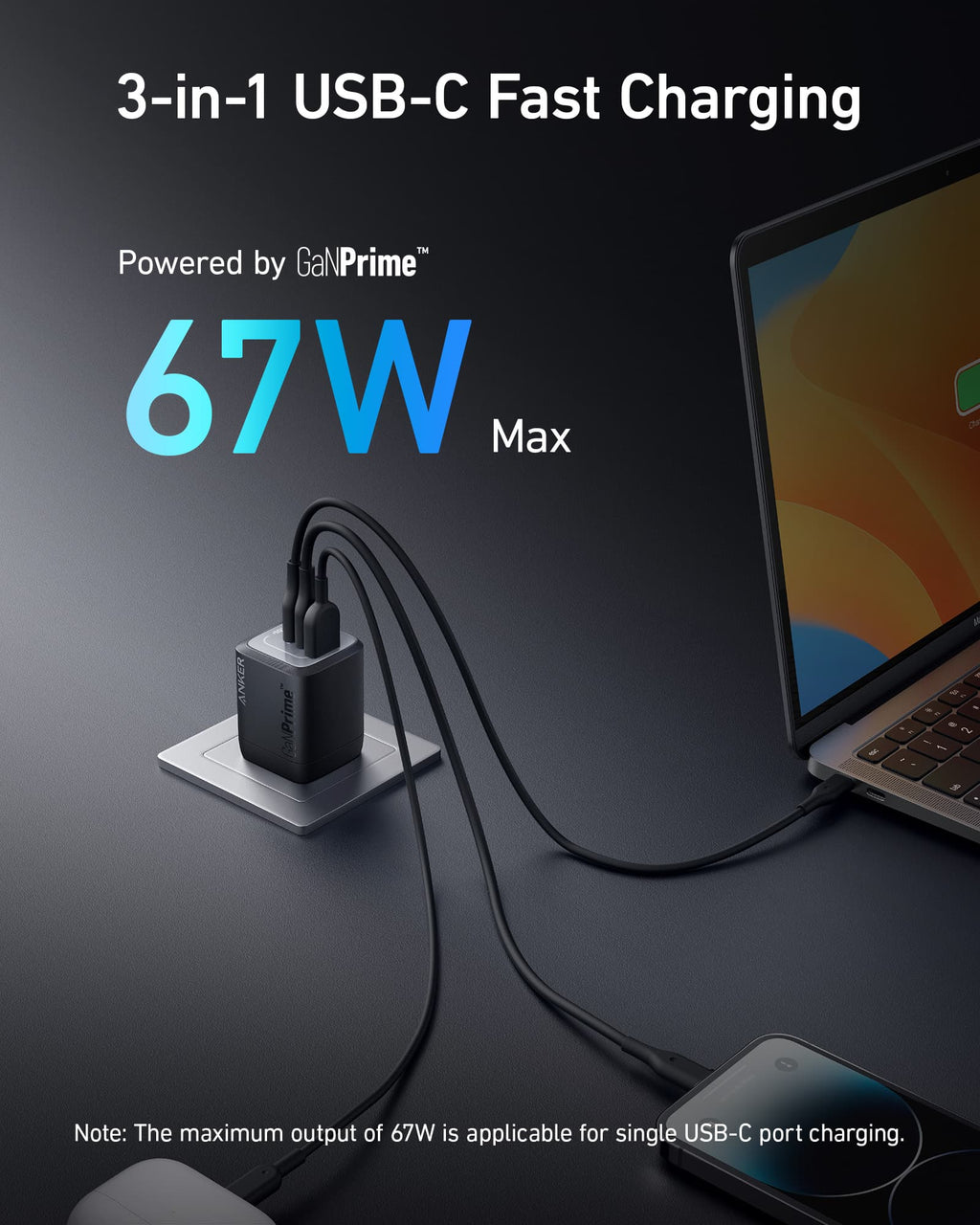 Anker Prime 67W GaN Wall Charger (3 Ports) - Black Girl Golf