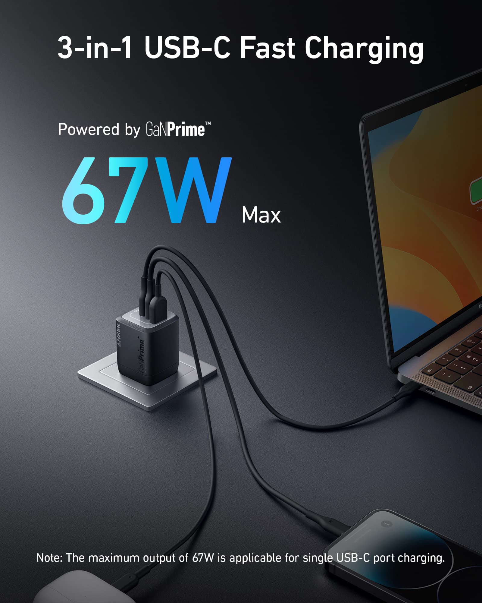 Anker Prime 67W GaN Wall Charger (3 Ports) - Black Girl Golf