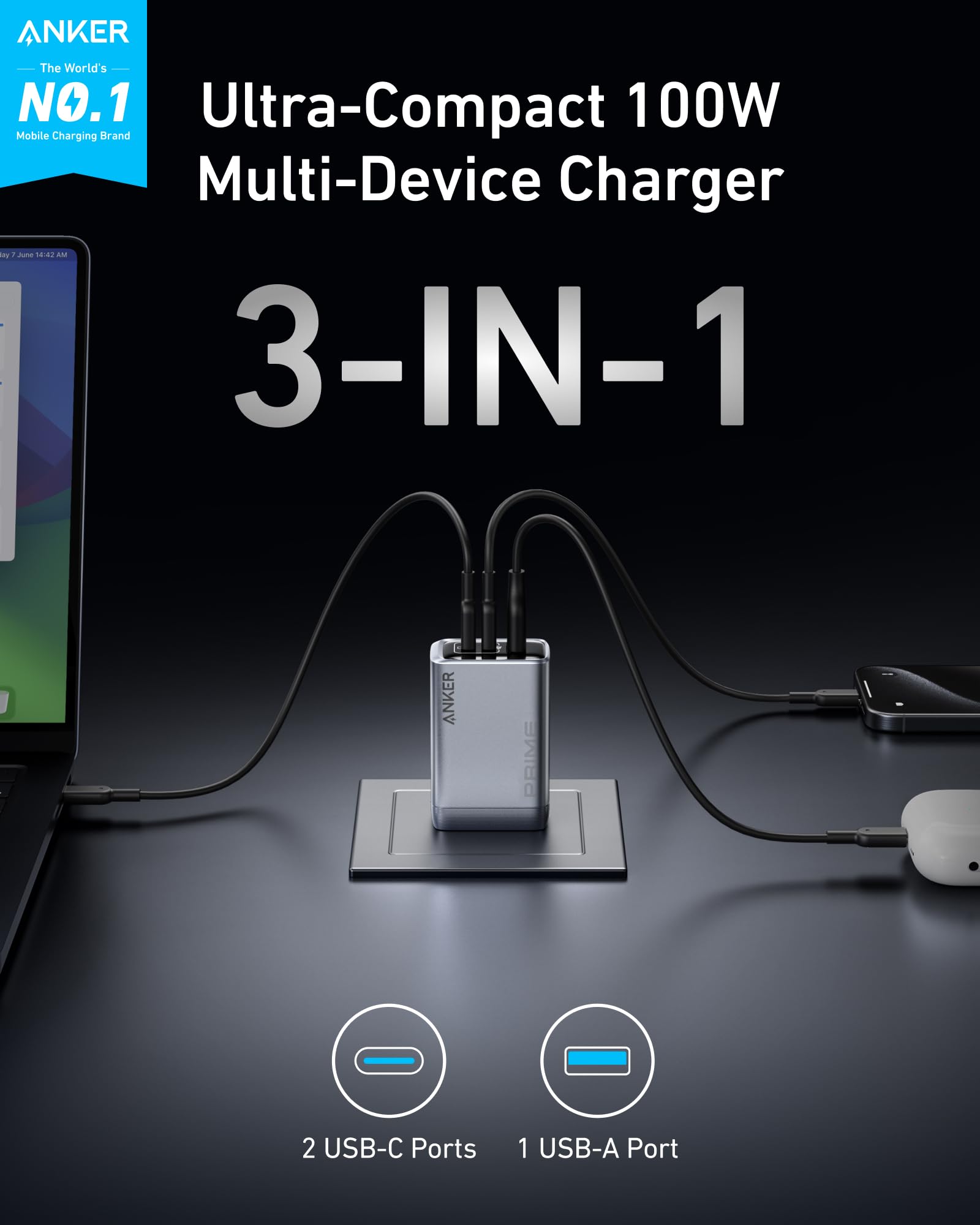 Anker Prime Charger (100W, 3 Ports, GaN) - Black Girl Golf
