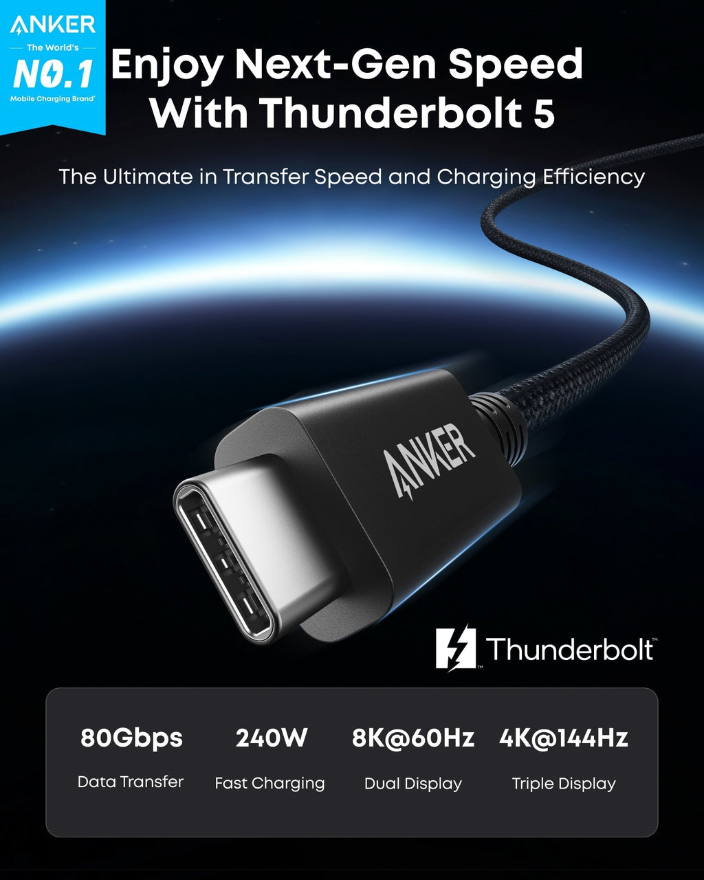 Anker Prime Thunderbolt 5 Cable (3.3 ft/1.7 ft, 80 Gbps, 240W) - Black Girl Golf