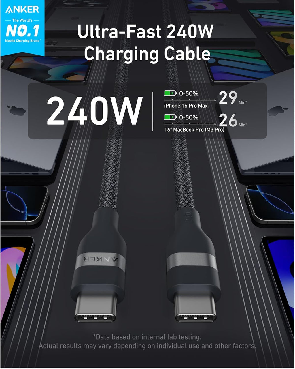 Anker USB - C to USB - C Cable (3 ft / 6 ft, 240W, Upcycled - Braided) - Black Girl Golf