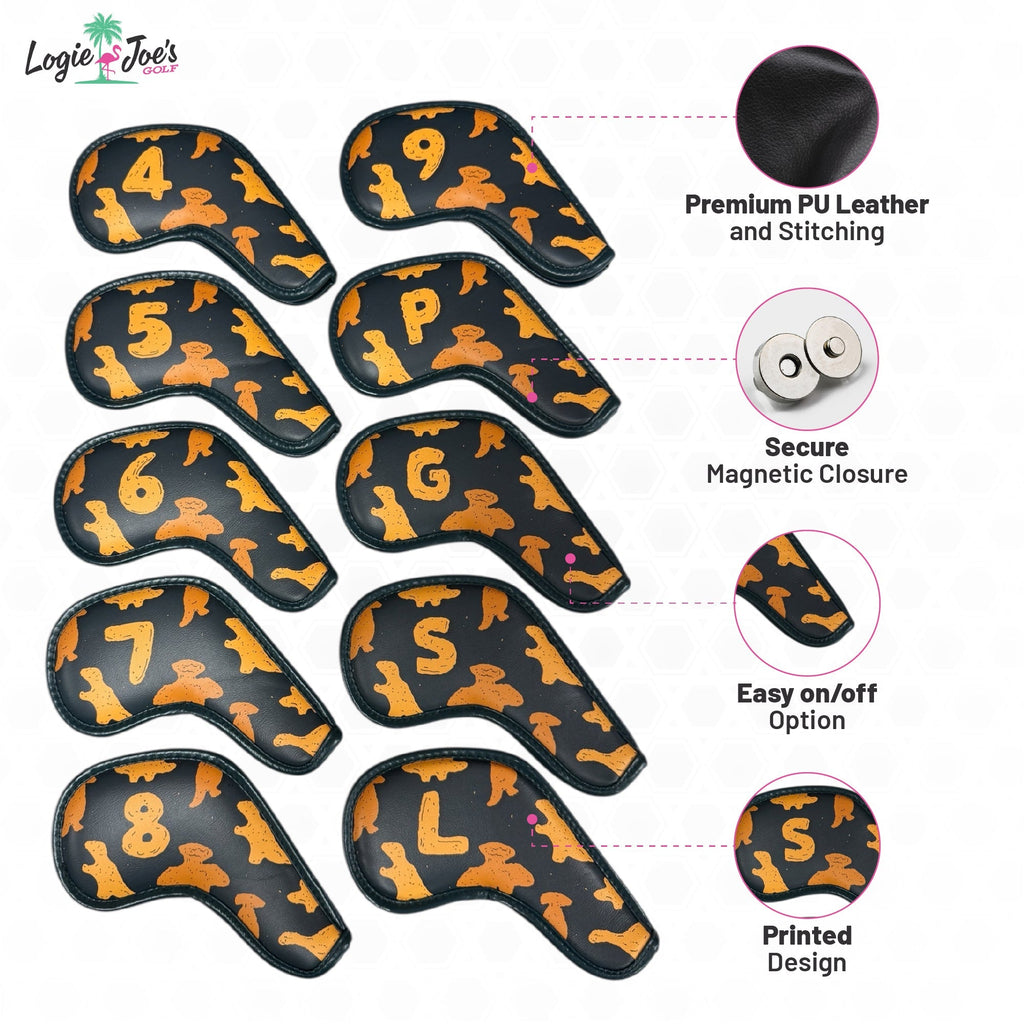Dino Nugget Iron Covers Set | Magnetic Closure | 10 - Piece Iron Headcover Set (4–9, P, G, S, L) | Premium PU Leather - Black Girl Golf
