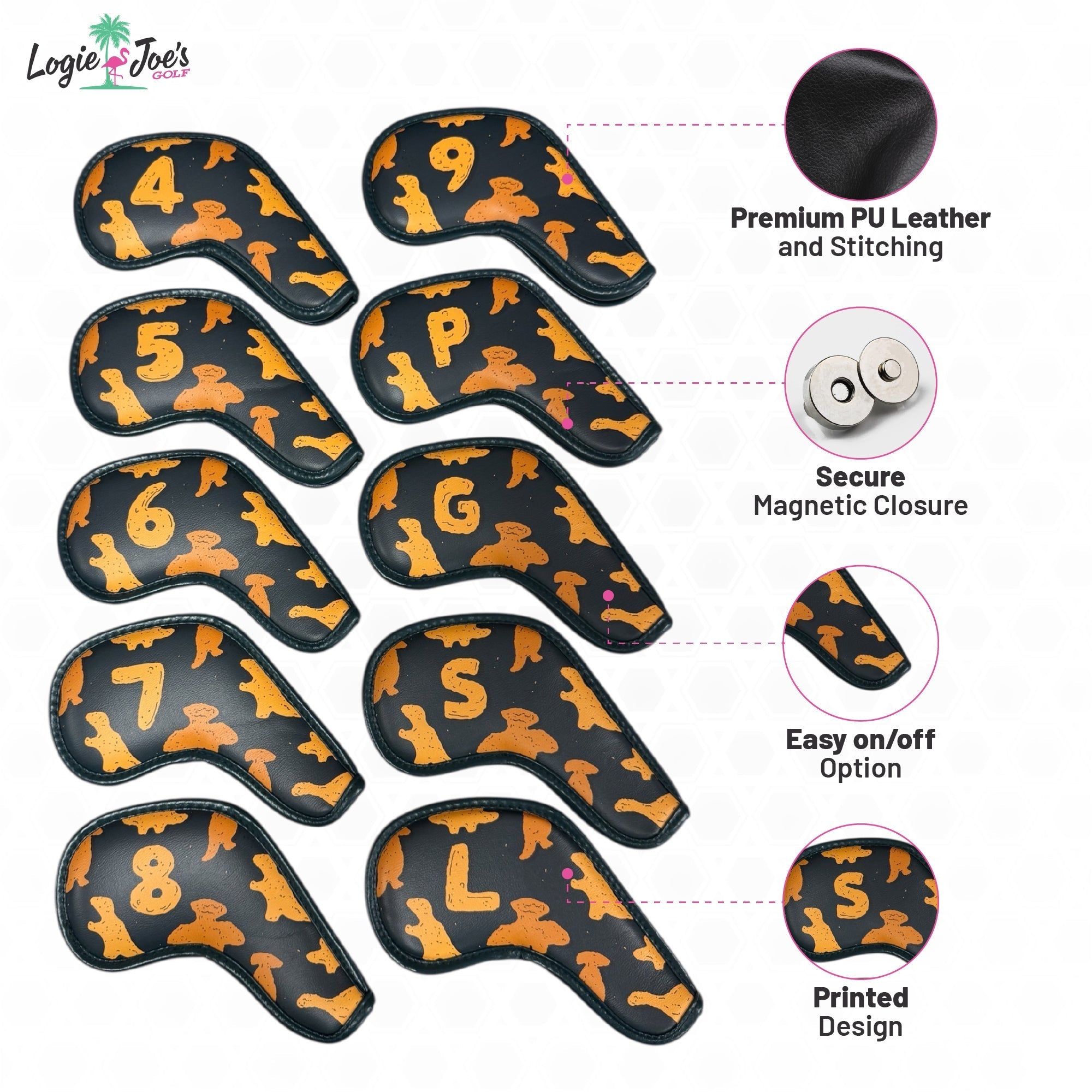 Dino Nugget Iron Covers Set | Magnetic Closure | 10 - Piece Iron Headcover Set (4–9, P, G, S, L) | Premium PU Leather - Black Girl Golf
