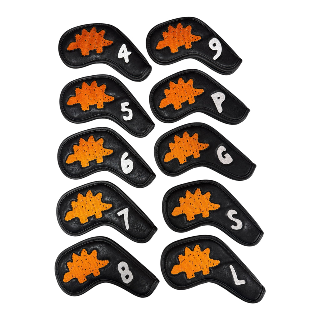 Dino Nugget Stegosaurus Golf Iron Cover Set | Premium PU Leather | Magnetic Closure Iron Covers | 4–9, PW, GW, SW, LW - Black Girl Golf