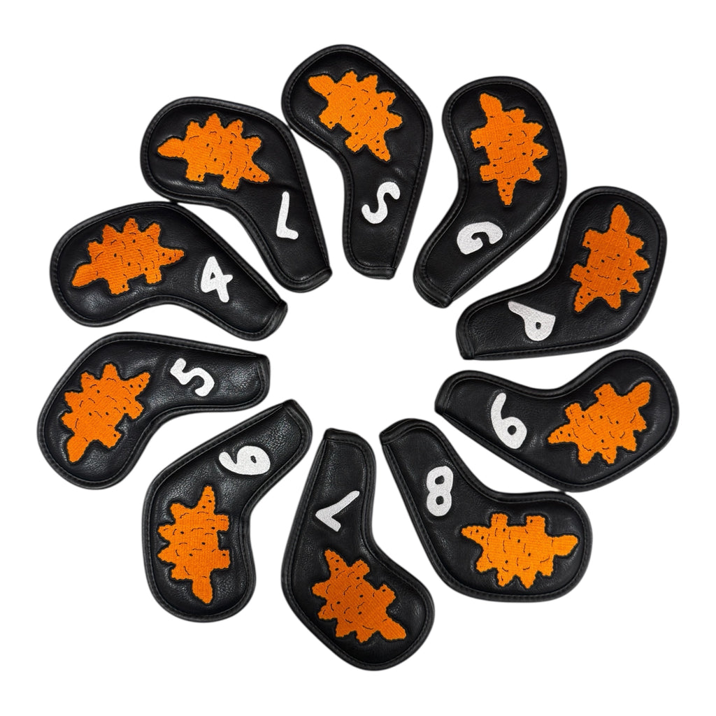Dino Nugget Stegosaurus Golf Iron Cover Set | Premium PU Leather | Magnetic Closure Iron Covers | 4–9, PW, GW, SW, LW - Black Girl Golf