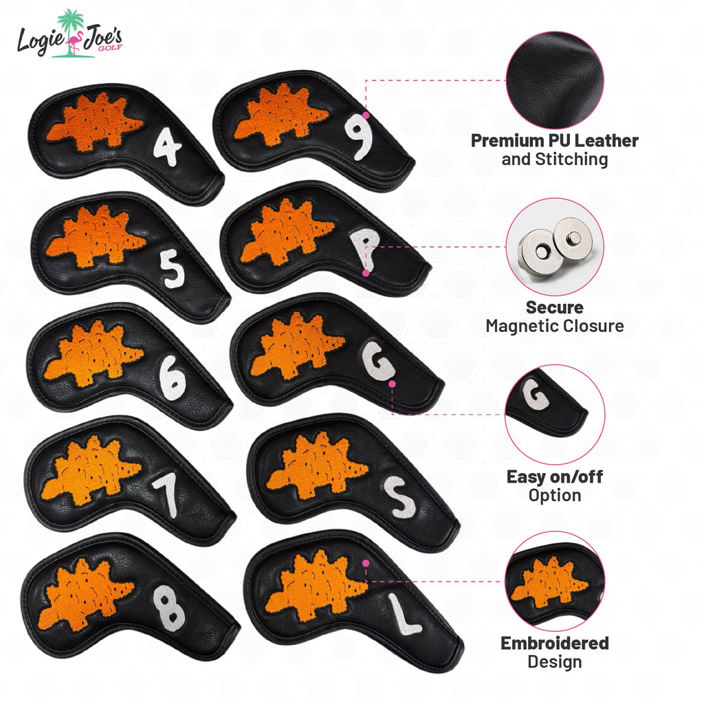 Dino Nugget Stegosaurus Golf Iron Cover Set | Premium PU Leather | Magnetic Closure Iron Covers | 4–9, PW, GW, SW, LW - Black Girl Golf