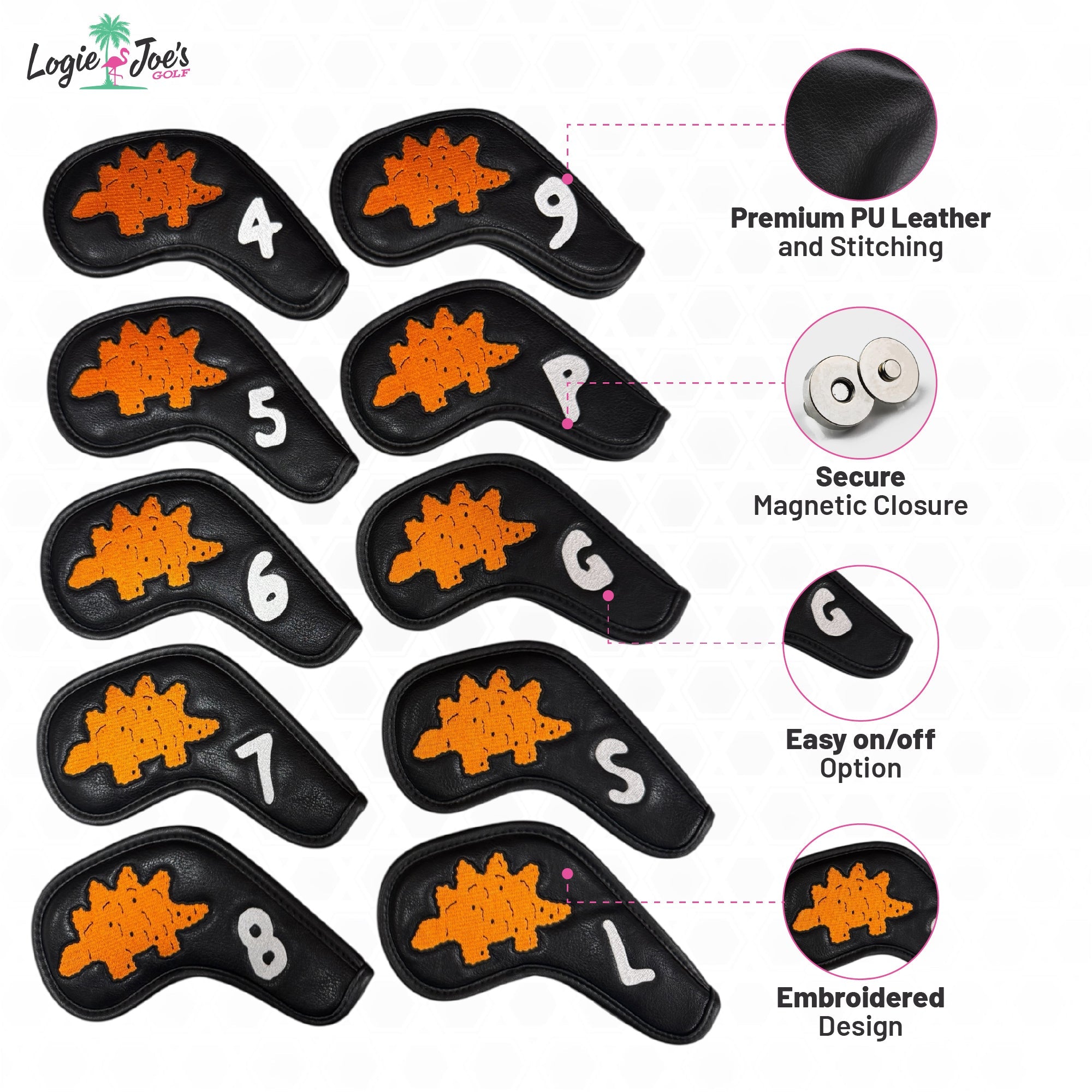 Dino Nugget Stegosaurus Golf Iron Cover Set | Premium PU Leather | Magnetic Closure Iron Covers | 4–9, PW, GW, SW, LW - Black Girl Golf