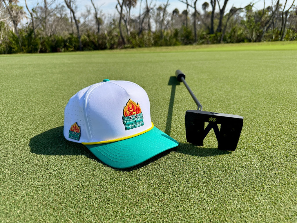 Dumpster Fire Golf Hat | Snapback Cap | Built - in Magnetic Ball Marker Holder + Marker Included | Adjustable | Trash Waste White, Teal - Black Girl Golf