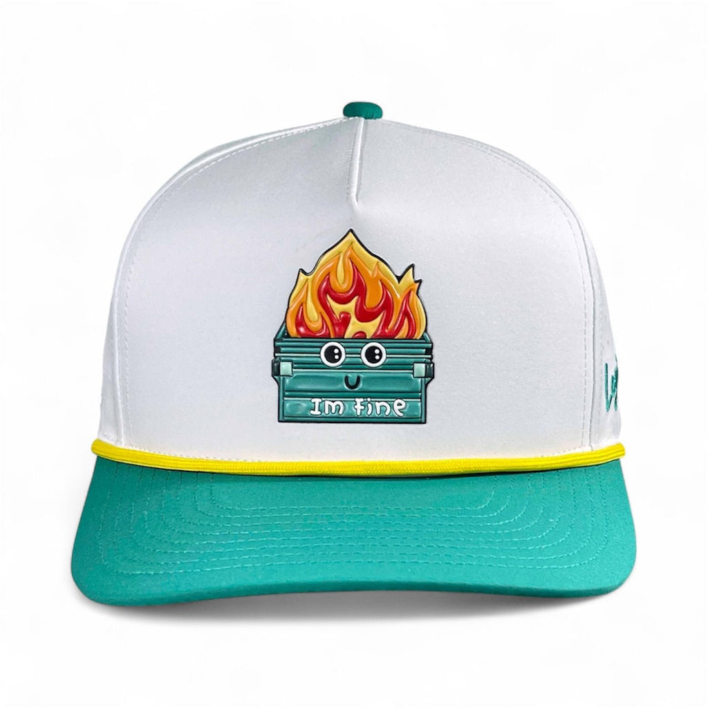 Dumpster Fire Golf Hat | Snapback Cap | Built - in Magnetic Ball Marker Holder + Marker Included | Adjustable | Trash Waste White, Teal - Black Girl Golf