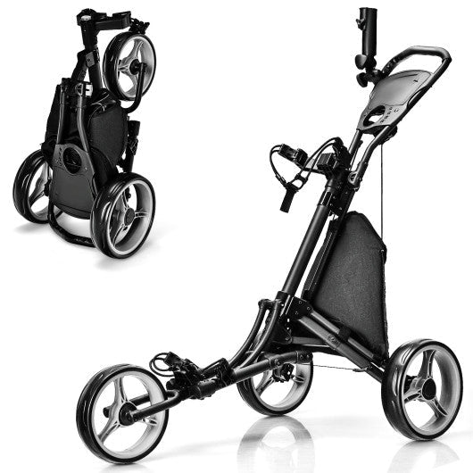 Folding 3 Wheels Golf Push Cart with Bag Scoreboard Adjustable Handle-Gray - Black Girl Golf
