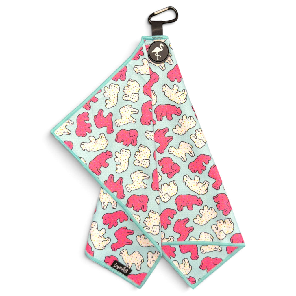 Frosted Animal Cookie Golf Towel | 24” x 16” Microfiber Towel | Magnetic Clip & Carabiner | Premium Golf Accessory - Black Girl Golf