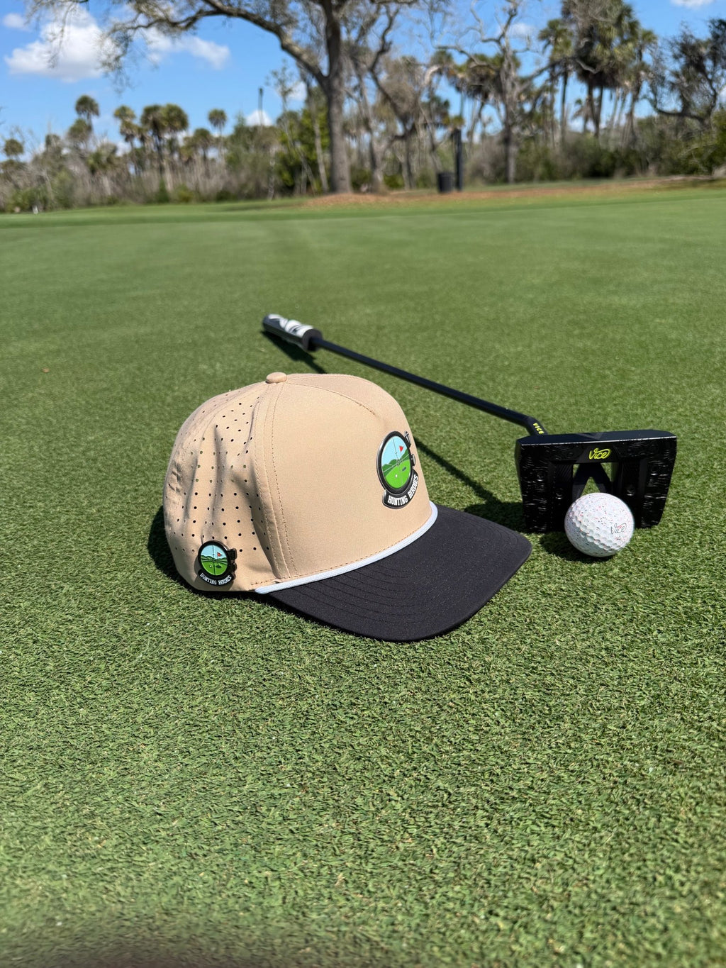 Hunting Birdies Golf Hat | Snapback Cap | Built - in Magnetic Ball Marker Holder + Marker Included | Adjustable Tan & Black - Black Girl Golf