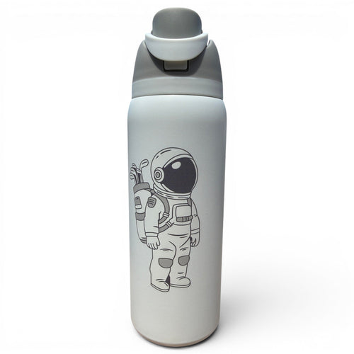 Hydration Bottle – Astronaut Walker (White Out) | 32oz Insulated Stainless Steel | Flip Straw Lid w/ Handle - Black Girl Golf