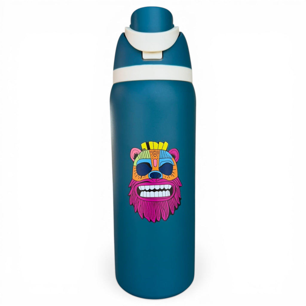 Hydration Bottle – Tiki Bear | 32oz Insulated Stainless Steel | Flip Straw Lid w/ Handle - Black Girl Golf