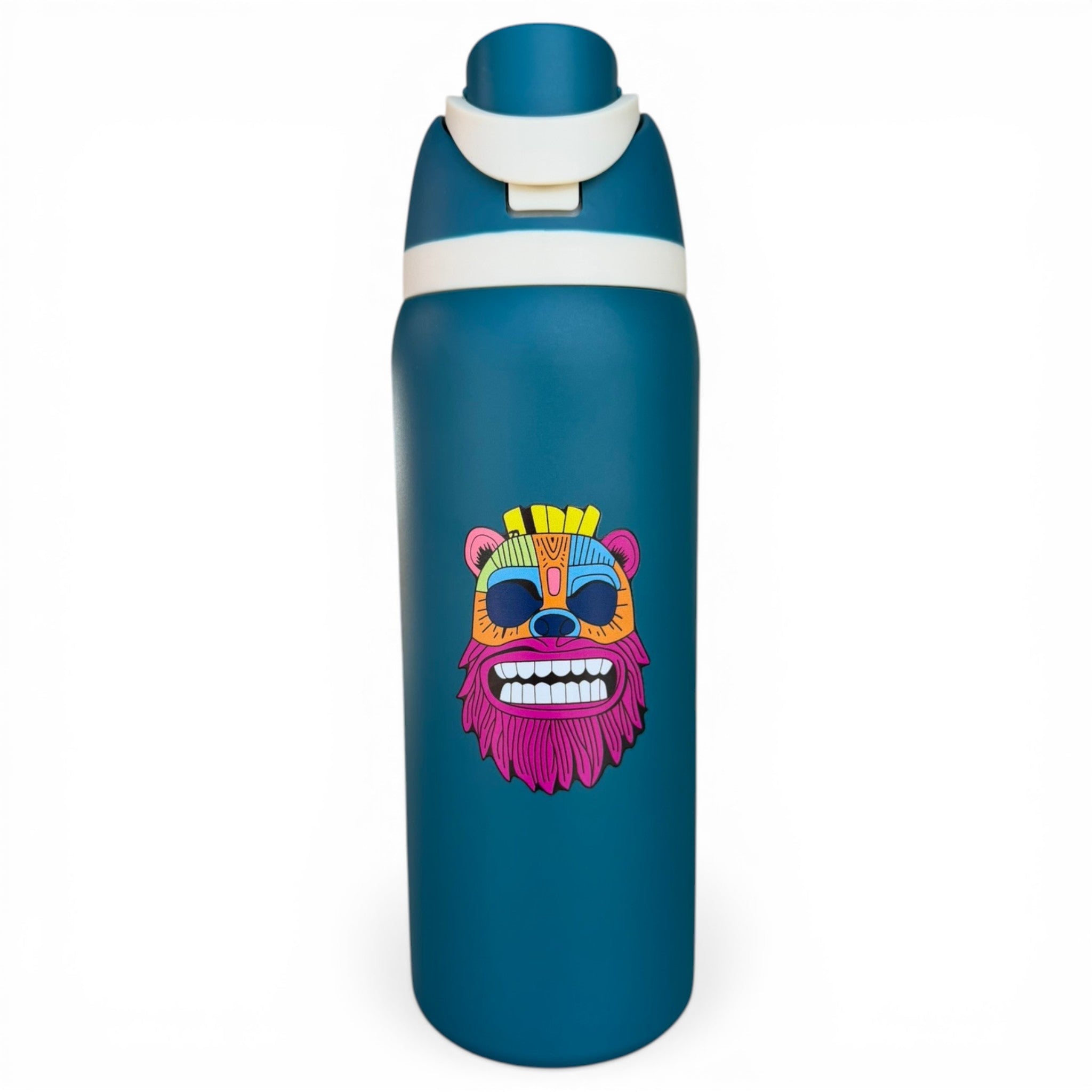 Hydration Bottle – Tiki Bear | 32oz Insulated Stainless Steel | Flip Straw Lid w/ Handle - Black Girl Golf