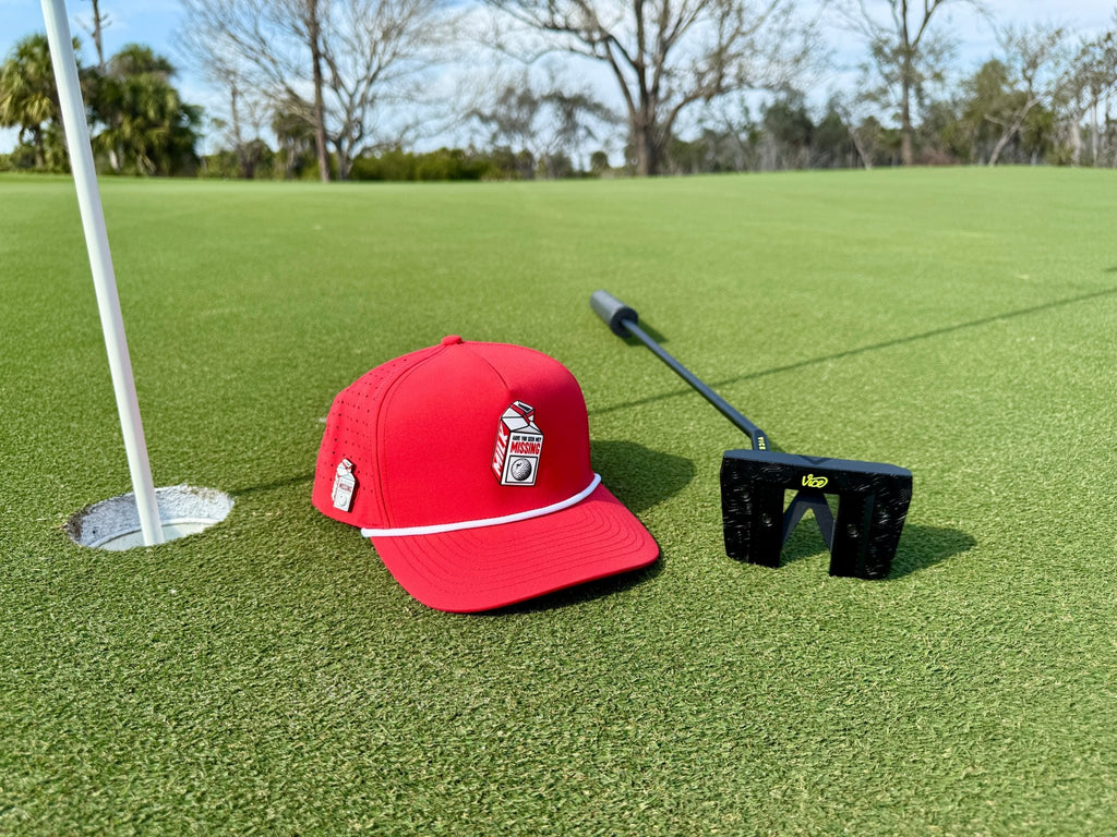 Missing Milk Golf Hat | Snapback Cap | Built-in Magnetic Ball Marker Holder + Marker Included | Missing Golf Ball | Adjustable Red - Black Girl Golf