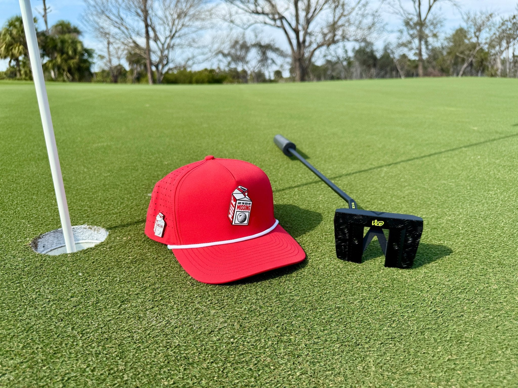 Missing Milk Golf Hat | Snapback Cap | Built-in Magnetic Ball Marker Holder + Marker Included | Missing Golf Ball | Adjustable Red - Black Girl Golf