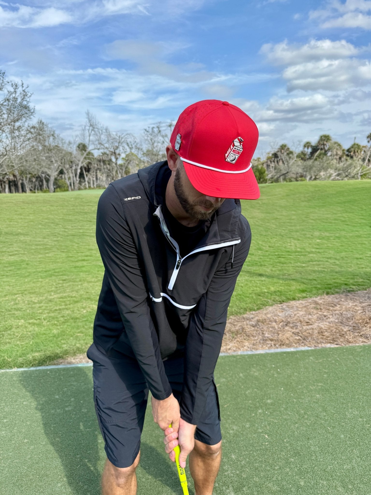 Missing Milk Golf Hat | Snapback Cap | Built-in Magnetic Ball Marker Holder + Marker Included | Missing Golf Ball | Adjustable Red - Black Girl Golf