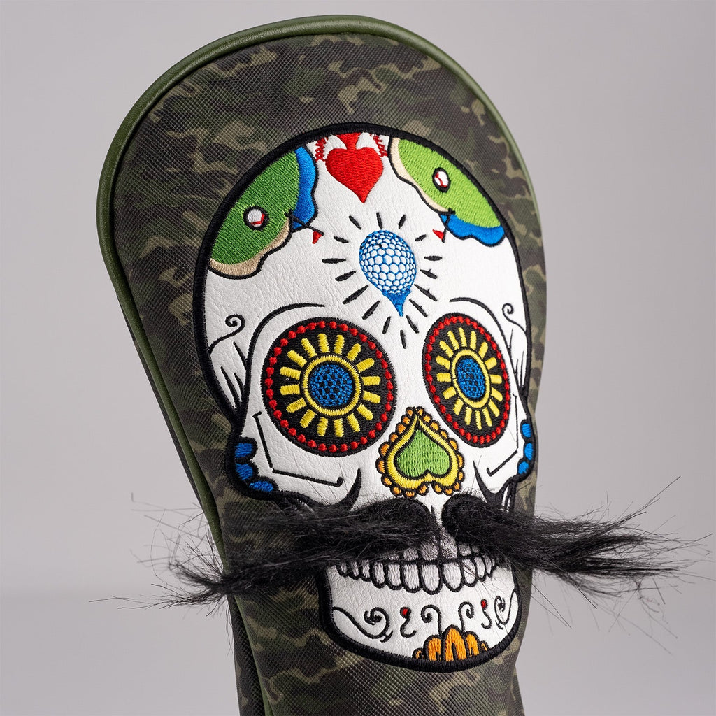 Mustache Sugar Skull - Fairway Cover Green Camo - Black Girl Golf